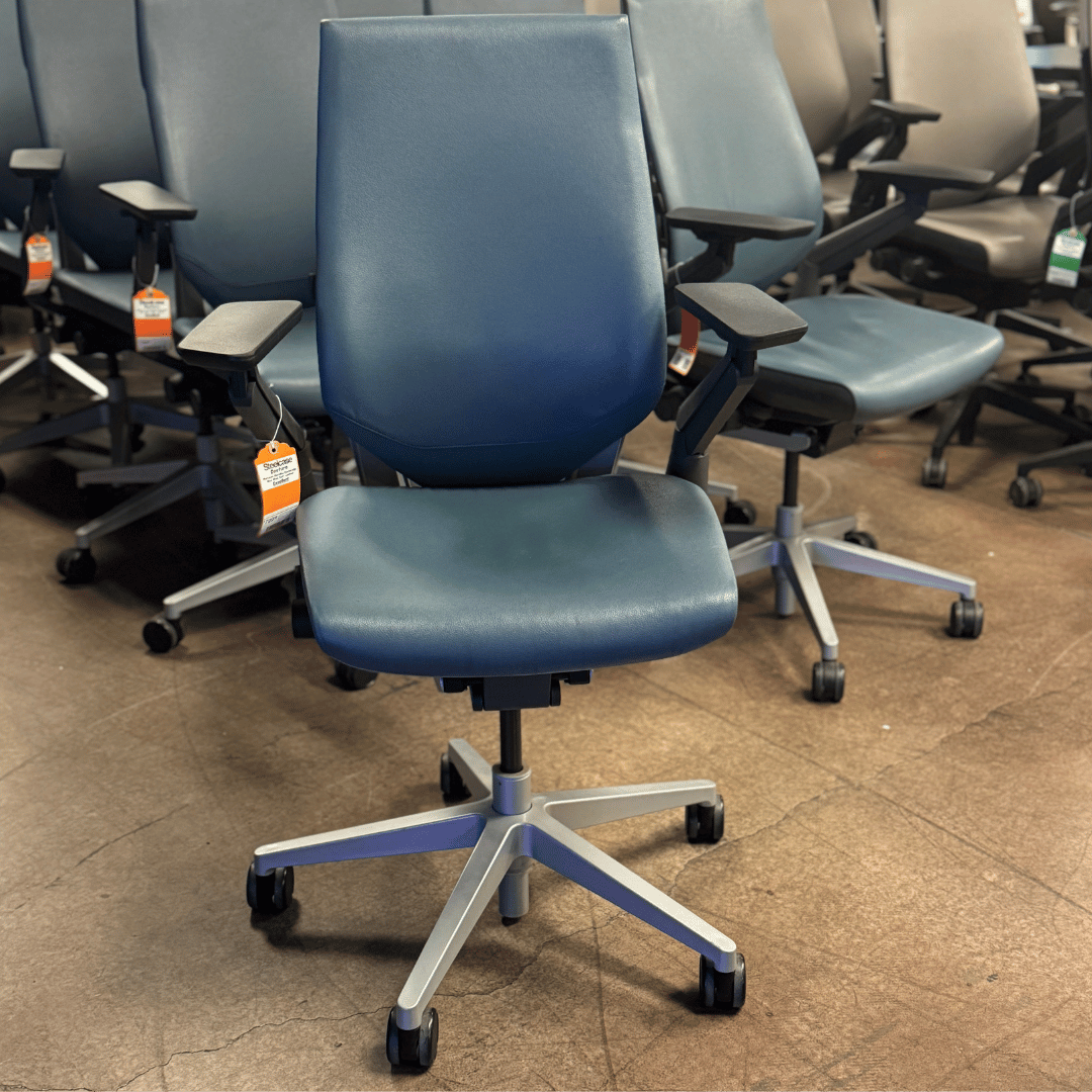 Steelcase Gesture Ergonomic Executive Office Chair with Adjustable Lumbar (Platinum Metallic/Cambridge Blue Elmo Soft Leather) - Best Deal Office Furniture & Apple StoreLas_Vegas