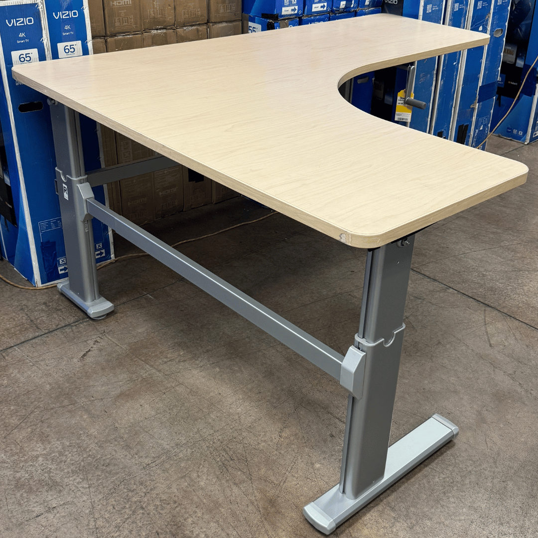 Steelcase Height Adjustable Curved L - Shaped Office Desk – Manual Crank (70" + 58" Wings, 23" Depth) - Best Deal Office, TV, & Apple StoreLas_Vegas