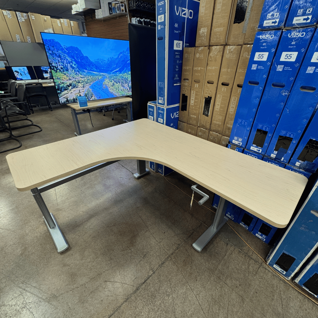 Steelcase Height Adjustable Curved L - Shaped Office Desk – Manual Crank (70" + 58" Wings, 23" Depth) - Best Deal Office, TV, & Apple StoreLas_Vegas